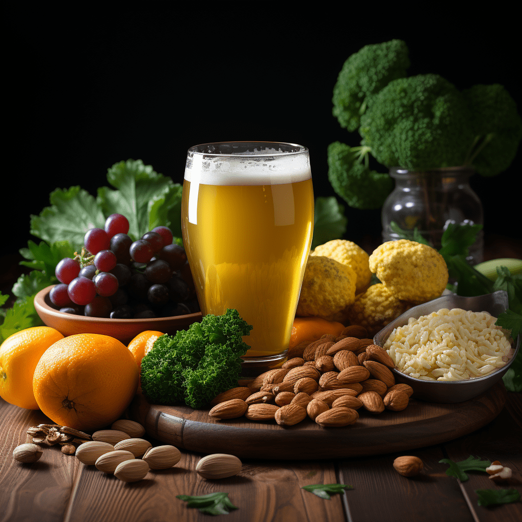 retsok Glass of beer surrounded by healthy products bright col 8b87294a bc0c 4a5d 8fa2 f35664b1476c